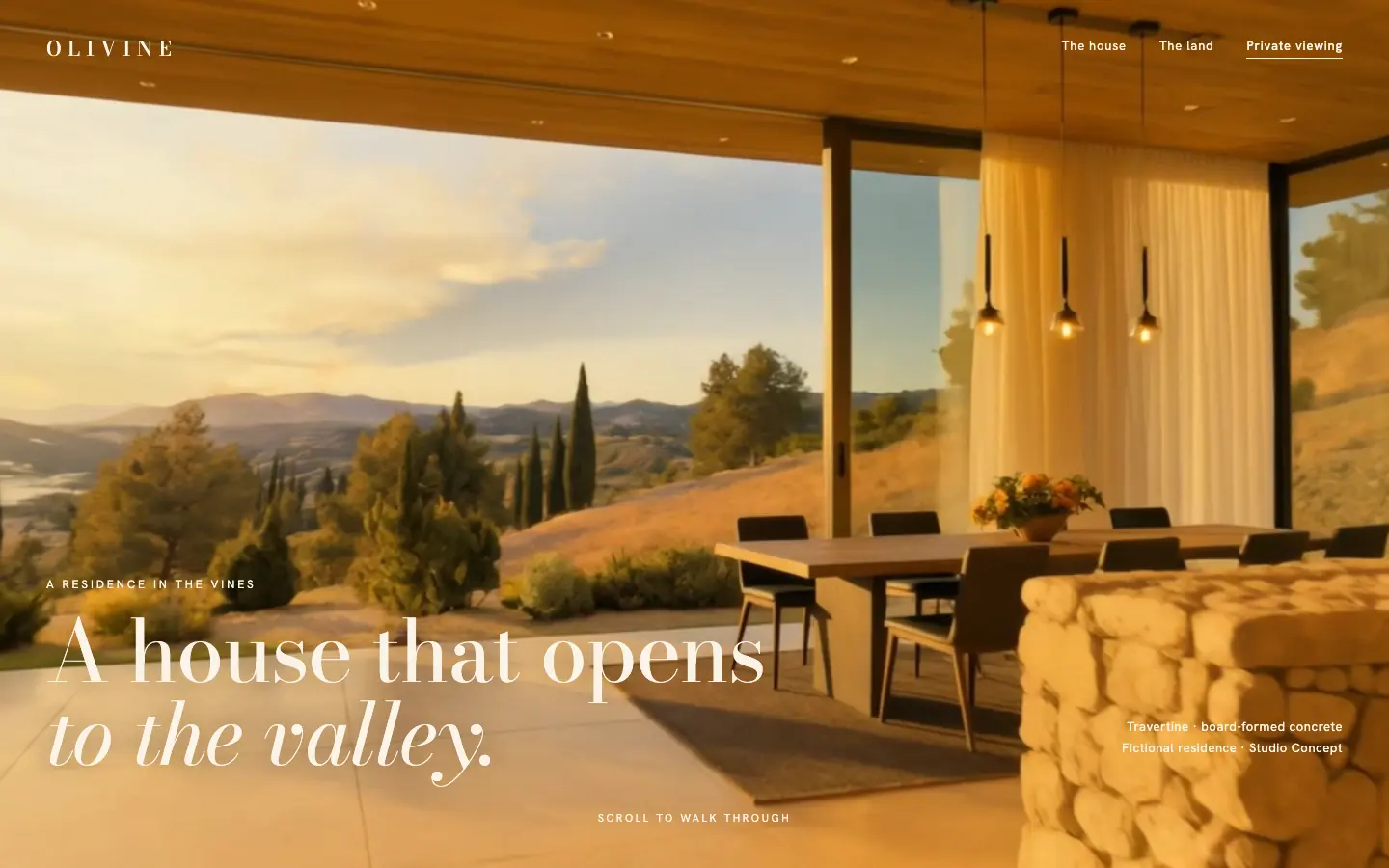 Olivine House website concept: 'A house that opens to the valley'