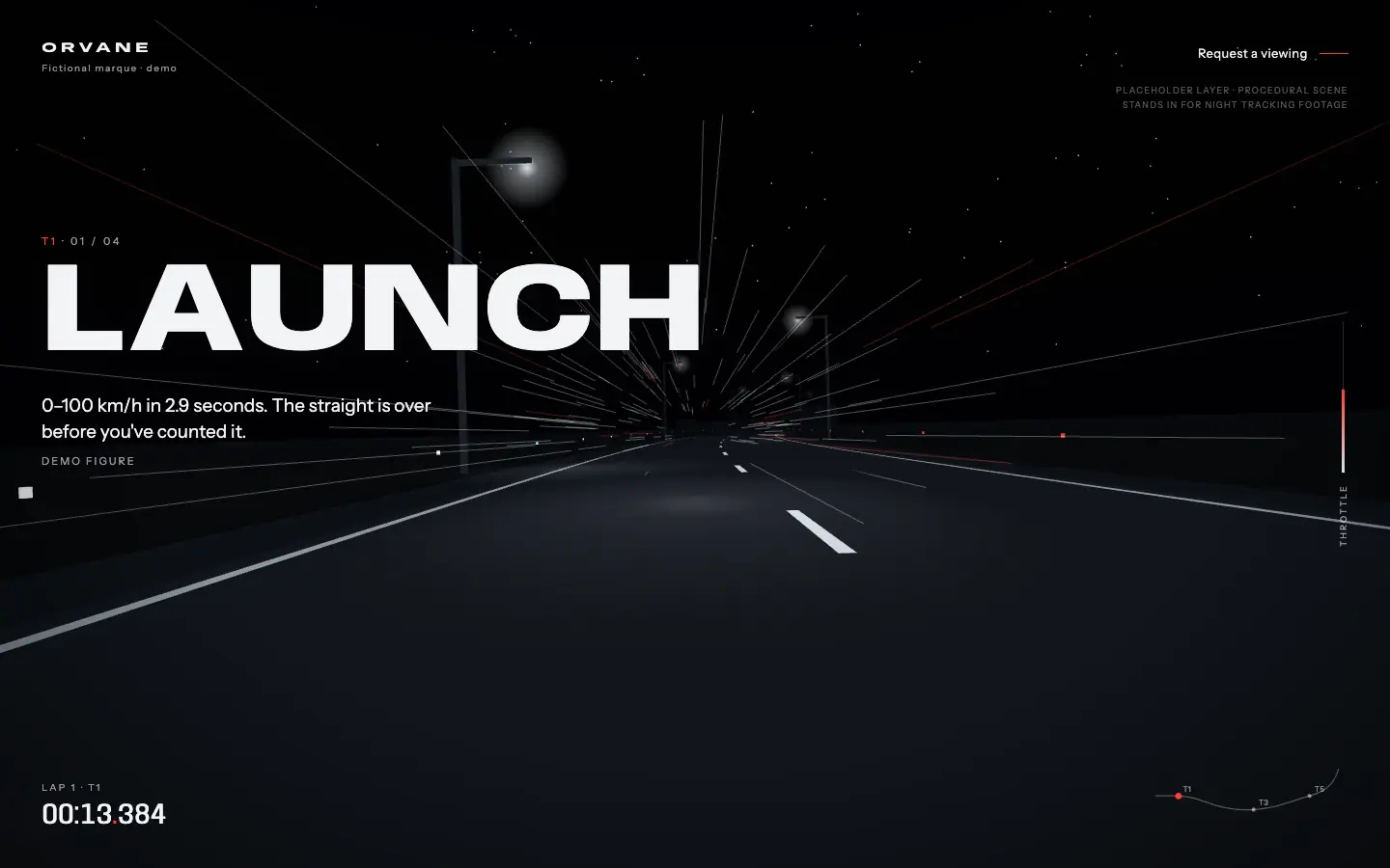 Launch: the start straight, street lamps streaking