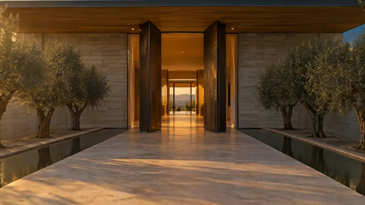Bronze entry doors between olive trees, low sun