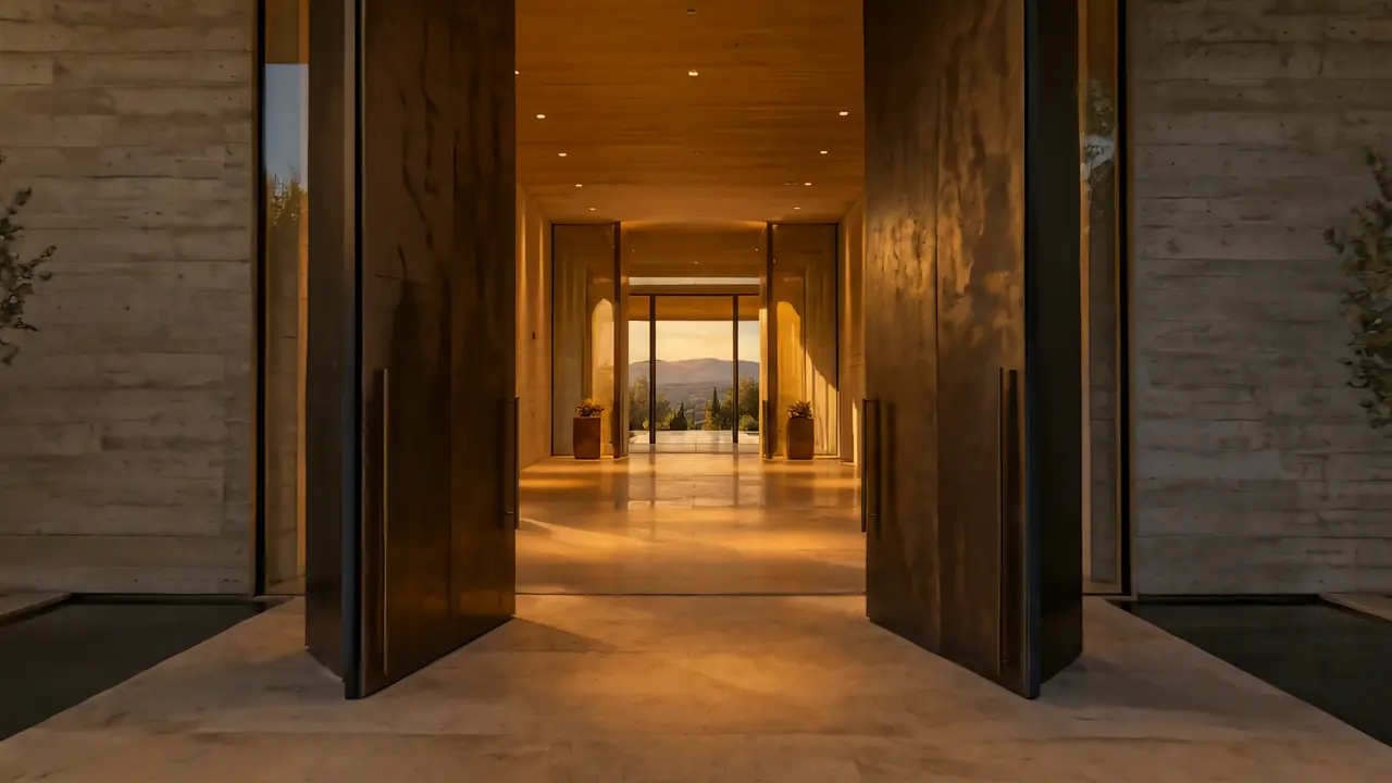 The entry gallery seen through the open doors