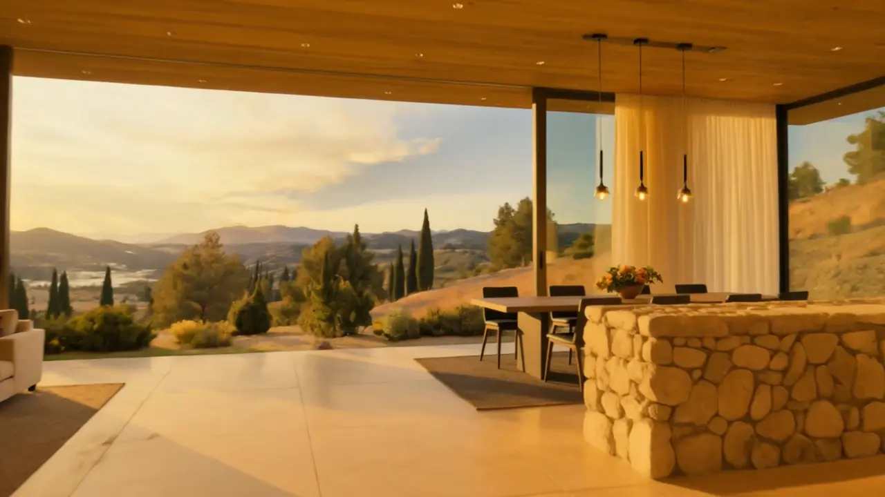 Great room with a stone island opening onto the valley